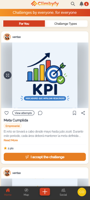 Feed de retos de Climbyfy con el reto Meta Cumplida