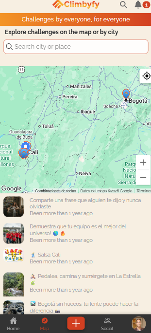 Pantalla de mapa de Climbyfy: explora retos por ciudad
